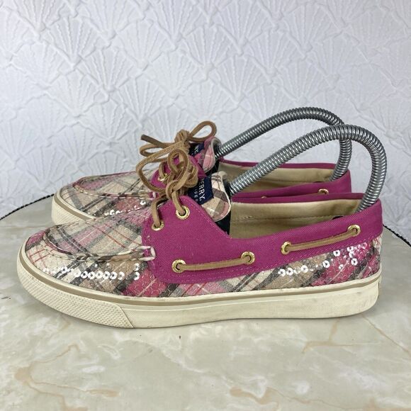 Sperry Shoes Women 6.5 Pink Gray Plaid Sequin Classic Casual Slip on Boat Loafer - Picture 6 of 12